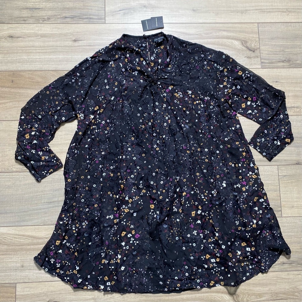 Club Monaco Black Floral Tie-Neck Long Sleeve Dress